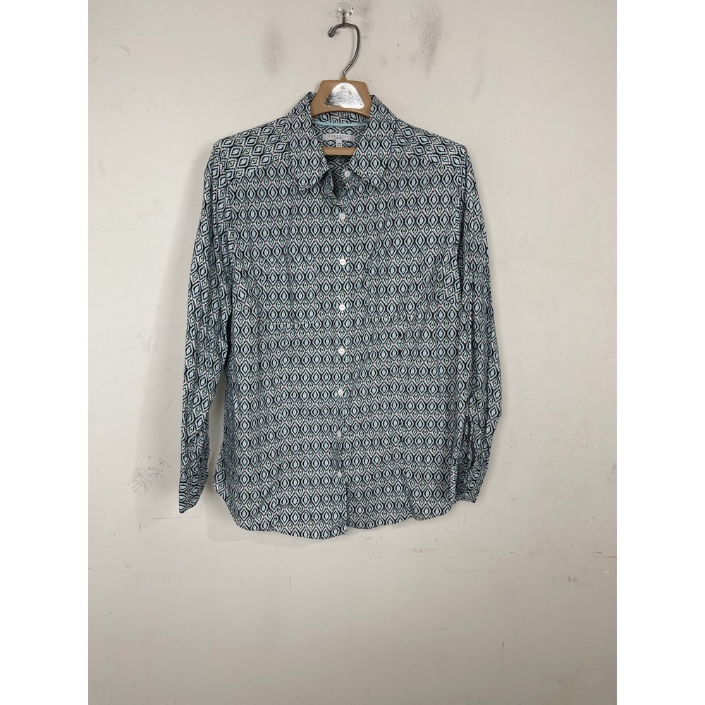 Foxcroft Wrinkle Free Button Down Shirt 18W Fitted Blue Green Geometric Print